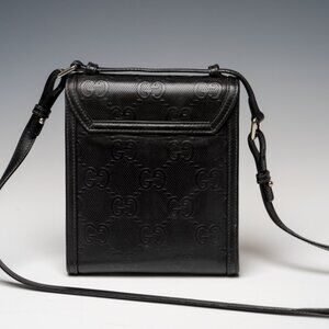 GUCCI GG Embossed Leather Messenger Bag Black